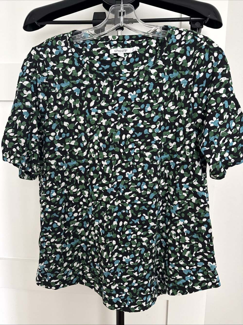 Chico's Confetti Print Knit Top Women Medium(1) Green Blue Asymmetrical
